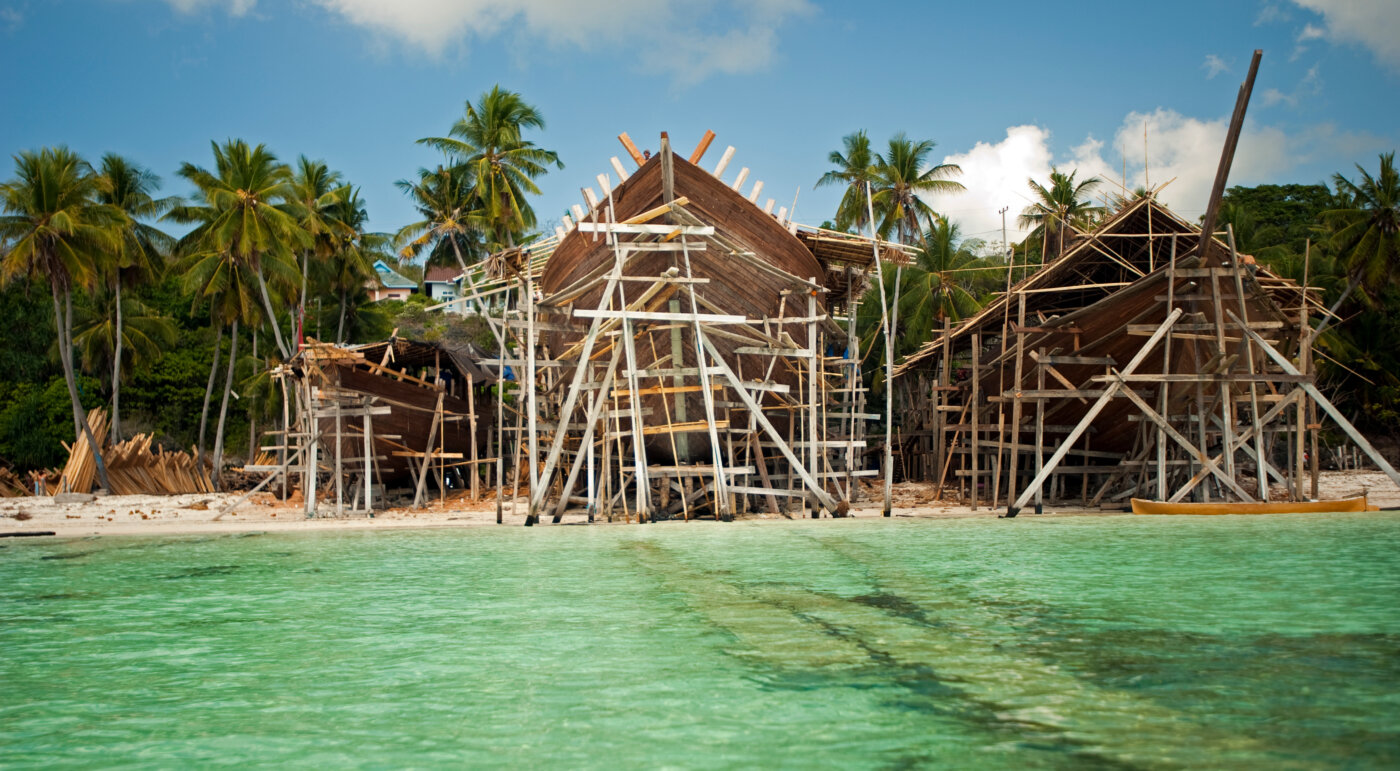 Traditional Pinisi wooden sailing boat construction, Bira Sulawesi Indonesia