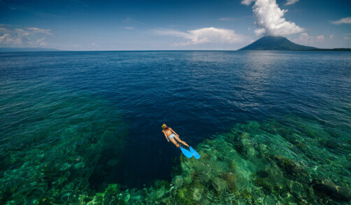 Lady snorkeling over reef wall