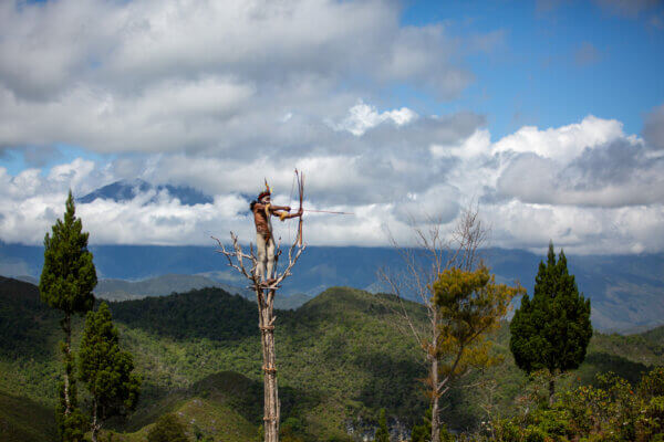 Baliem Valley – Dani warrior on watchtower
